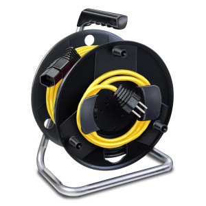 Enrouleur de câble jaune pour tondeuse à gazon avec 25 m de câble sur tambour noir.