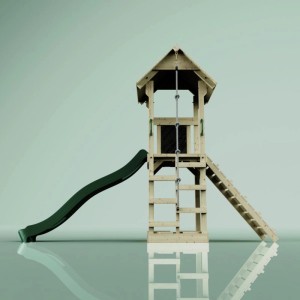Torre gioco PolarPlay Lillehammer con scivolo verde e corda da arrampicata.
