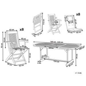 Schéma de l'ensemble de jardin Maui II, bois d'acacia, 9 pièces, avec les dimensions de la table et des chaises.