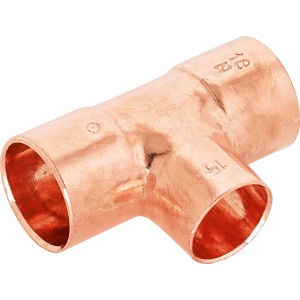 Raccordo a T di riduzione a saldare in rame, 18 mm x 15 mm x 18 mm, per impianti con tubi in rame.