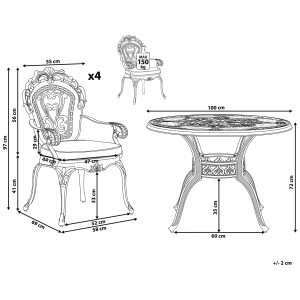 Ensemble de mobilier de jardin Beliani Sapri, marron foncé, en aluminium, composé d'une table et de 4 chaises avec dimensions.