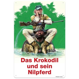 Panneau en métal Puag « Le crocodile et son hippopotame » (30 x 20 cm) avec Bud Spencer et Terence Hill dans la jungle.