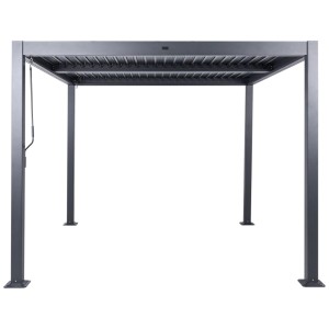 Freistehende schwarze Aluminium Pergola Fornoli mit verstellbaren Lamellen, ideal als Terrassenüberdachung.