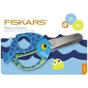 Fiskars Kinderschere Fisch, 13 cm, mit blauem Fisch-Griff und silberner Klinge.