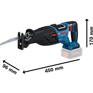 Seghetto alternativo a batteria Bosch Professional GSA 18 V-28 (solo corpo) con dimensioni.