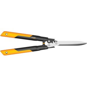 Taille-haie à engrenages Fiskars PowerGear X HSX92, taille-haie manuel avec poignées jaunes et noires et lames argentées.