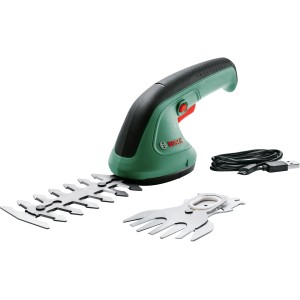 Cisailles à gazon et à arbustes sans fil Bosch EasyShear avec deux lames et câble de chargement USB.