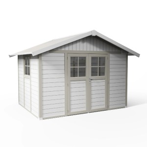 Grosfillex Gartenhaus Deco H 7.5, graugrün, mit Doppeltür und Fenster. Ideal zur Geräteaufbewahrung.
