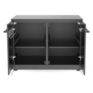 Cozze Aussenküchen-Türmodul Elements niedrig, offene Türen, grauer Korpus mit Tischplatte.