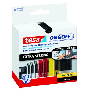 Ruban auto-agrippant Tesa On & Off, extra fort, noir, 1 m x 50 mm, sur l'emballage.