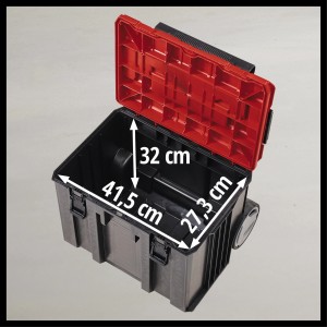 Boîte à outils ouverte Einhell E-Case L avec roulettes, corps noir, couvercle rouge et détails des dimensions.