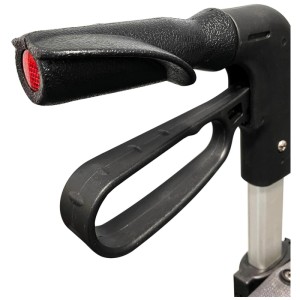 Gros plan : Poignée noire du rollator Ridder Ivo avec réflecteur et aide au basculement.