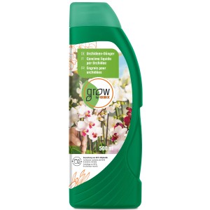 Bouteille verte d'engrais pour orchidées GROW by OBI, 500ml, pour des fleurs éclatantes.