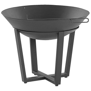 Schwarze Beliani Feuerstelle Kedung aus Stahl mit Schürhaken für Garten und Terrasse.