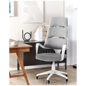 Sedia da ufficio grigia Beliani Grandiose con schienale ergonomico e dettagli bianchi.