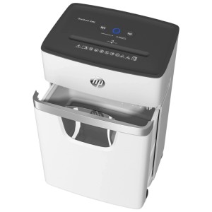 Weisser HP Aktenvernichter OneShred 10MC mit Mikroschnitt. Kompaktes Bürogerät mit herausziehbarem 20L Abfallbehälter.