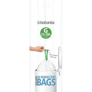 Sacs poubelle Brabantia PerfectFit G 23-30L en distributeur, avec cordon de serrage dans la poubelle.