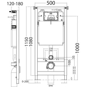 Disegno tecnico del telaio per WC sospeso Sanitop-Wingenroth con dimensioni.