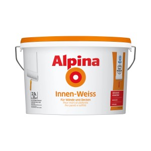 Secchio di pittura murale bianca opaca Alpina Innenweiss, 2,5 l, ad alta copertura.