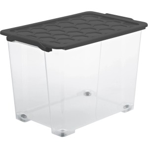 Boîte de rangement Rotho EVO SAFE 65 L, transparente avec couvercle anthracite, roulettes et poignées. Empilable.