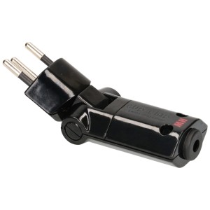 Schwarzer, drehbarer Winkelstecker Clip-Clap Typ 12, wiederanschliessbar mit Kinderschutz.