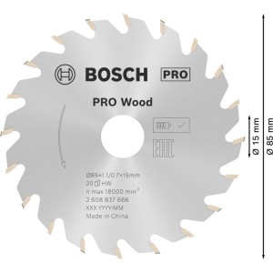 Lama per sega circolare Bosch Standard for Wood, 85mm diametro, 20 denti in metallo duro per seghe a batteria.