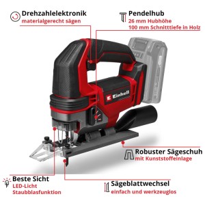 Einhell Akku-Stichsäge TE-JS 18/100 Li-Solo (rot/schwarz) mit LED-Licht und Staubblasfunktion.