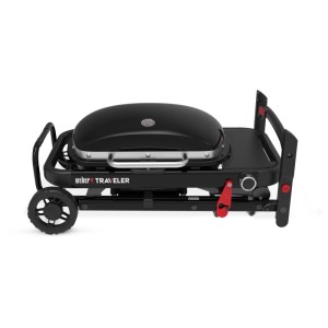 Barbecue a gas Weber Traveler Compact nero compatto con ruote e tavolino laterale.