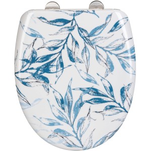 Wenko sedile WC Catala, bianco-blu con design a foglie e chiusura ammortizzata.