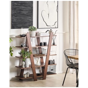 Bibliothèque Beliani Escalante marron, 5 niveaux, style scandinave, en bois, avec décorations.
