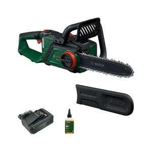 Tronçonneuse à batterie Bosch PKE18V-30-28 avec batterie, chargeur, protège-chaîne et huile.