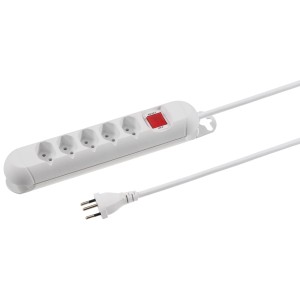 Weiße Steba Steckdosenleiste mit 5 Typ13-Steckdosen, Reset-Schalter und 3m Kabel.