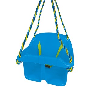 Altalena per bambini Happy People blu in plastica con corde gialle, blu e bianche.