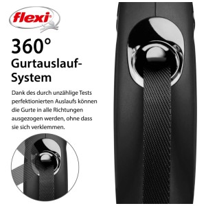 Flexi Roll-Leine New Classic nera, taglia S, lunghezza nastro 5 m, dettaglio dell'uscita del nastro.