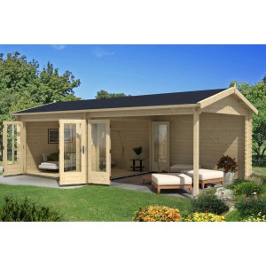Abri de jardin Alpholz Freiburg-44 non traité avec porte pliante et terrasse couverte dans le jardin.