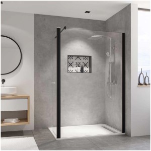 Breuer Duschwand Entra mit Klarglas und beweglichem Eckelement, Anschlag rechts, in modernem Badezimmer.