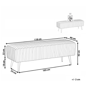 Schéma du banc en velours bleu Beliani Paterson avec dimensions. Tabouret avec pieds étroits.