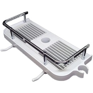 Étagère de douche blanche Easy Clip avec crochets et support de pommeau pour barre de douche.