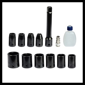 Accessori per avvitatore a impulsi pneumatico Einhell TC-PW 610: 10 bussole, prolunga, flacone d'olio, raccordo.