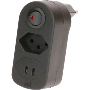 Schwarzer Max Hauri Zwischenstecker Adapt, drehbar, mit T13 Steckdose, 2 USB-C Ports und beleuchtetem Schalter.