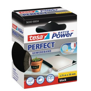 Nastro telato Tesa Extra Power Perfect, nero, 2,75 m x 38 mm, sulla confezione.