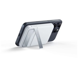Ecoflow Powerbank Rapid 5000 mAh, blanc-argent, avec support pliable et smartphone.