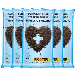 Ricoter Terriccio Svizzero, 12 sacchi da 40 l, terriccio universale senza torba con croce svizzera a forma di cuore.