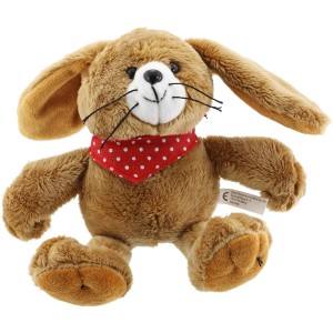 Coniglietto di peluche marrone con foulard rosso, 13x15x12 cm, decorazione pasquale.