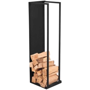 Range-bûches Nero noir en métal thermolaqué, partiellement rempli de bois de chauffage.