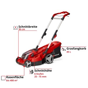 Tondeuse à batterie Einhell Rasarro 36/36, rouge, avec bac de ramassage. Tondeuse sans fil pour surfaces jusqu'à 400 m².