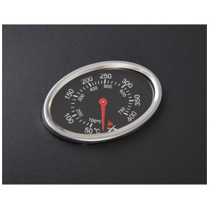 Gros plan du thermomètre sur le barbecue combiné Jamestown Dean pour le contrôle de la température.