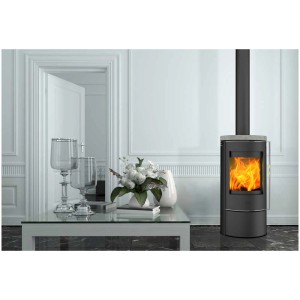 Poêle à bois Fireplace Rondale en stéatite, poêle rond avec dessus en stéatite et feu.