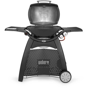 Schwarzer Weber Gasgrill Q 3000 mit Rollwagen, Grillrost und Aromaschienen.