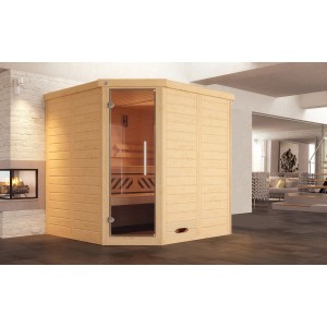Sauna d'angle en bois massif Weka Kemi avec porte en verre en bois clair, vue intérieure.